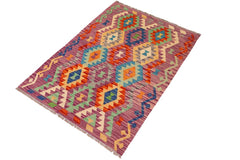 Flat Weave Kilim Antique Navaho Vintage handmade Geometric Kilim Purple Rust Hand-Woven Rectangle 100% Wool Area Rug 4x5