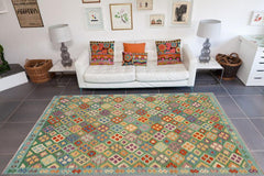 Flat Weave Kilim Antique Navaho Vintage handmade Geometric Kilim Green Blue Hand-Woven Rectangle 100% Wool Area Rug 7x10