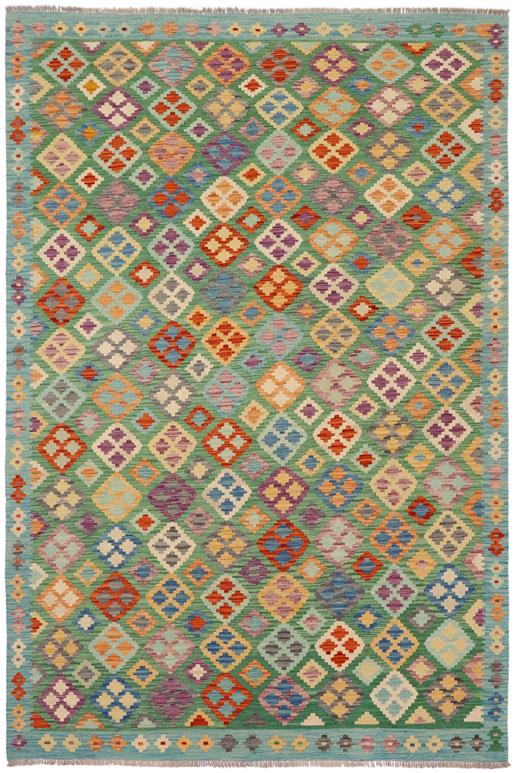 Flat Weave Kilim Antique Navaho Vintage handmade Geometric Kilim Green Blue Hand-Woven Rectangle 100% Wool Area Rug 7x10