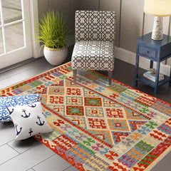 Flat Weave Kilim Antique Navaho Vintage handmade Geometric Kilim Rust Blue Hand-Woven Rectangle 100% Wool Area Rug 5x7