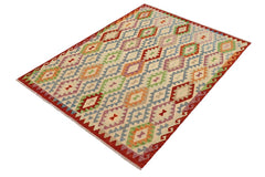 Flat Weave Kilim Antique Navaho Vintage handmade Geometric Kilim Beige Rust Hand-Woven Rectangle 100% Wool Area Rug 6x7