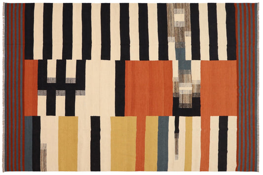 handmade Modern Kilim Beige Rust Hand-Woven RECTANGLE 100% WOOL area rug 8x10