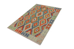 Flat Weave Kilim Antique Navaho Vintage handmade Geometric Kilim Blue Rust Hand-Woven Rectangle 100% Wool Area Rug 4x6