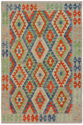 Flat Weave Kilim Antique Navaho Vintage handmade Geometric Kilim Blue Rust Hand-Woven Rectangle 100% Wool Area Rug 4x6