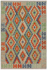 Flat Weave Kilim Antique Navaho Vintage handmade Geometric Kilim Blue Rust Hand-Woven Rectangle 100% Wool Area Rug 4x6