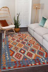 Flat Weave Kilim Antique Navaho Vintage handmade Geometric Kilim Rust Blue Hand-Woven Rectangle 100% Wool Area Rug 5x6