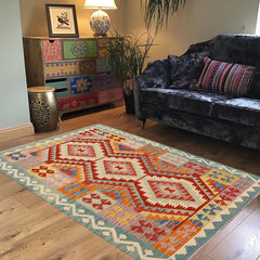 Flat Weave Kilim Antique Navaho Vintage handmade Geometric Kilim Rust Blue Hand-Woven Rectangle 100% Wool Area Rug 4x6