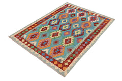 Flat Weave Kilim Antique Navaho Vintage handmade Geometric Kilim Blue Rust Hand-Woven Rectangle 100% Wool Area Rug 5x7