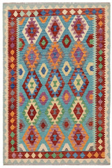 Flat Weave Kilim Antique Navaho Vintage handmade Geometric Kilim Blue Rust Hand-Woven Rectangle 100% Wool Area Rug 5x7