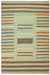 Flat Weave Kilim Antique Navaho Vintage handmade Modern Kilim Blue Rust Hand-Woven Rectangle 100% Wool Area Rug 9x12