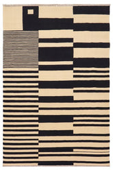 Flat Weave Kilim Antique Navaho Vintage handmade Modern Kilim Beige Black Hand-Woven Rectangle 100% Wool Area Rug 6x8