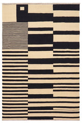 Flat Weave Kilim Antique Navaho Vintage handmade Modern Kilim Beige Black Hand-Woven Rectangle 100% Wool Area Rug 6x8