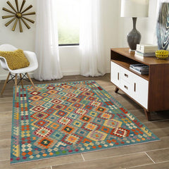 Flat Weave Kilim Antique Navaho Vintage handmade Geometric Kilim Blue Rust Hand-Woven Rectangle 100% Wool Area Rug 6x8