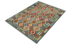 Flat Weave Kilim Antique Navaho Vintage handmade Geometric Kilim Blue Rust Hand-Woven Rectangle 100% Wool Area Rug 6x8