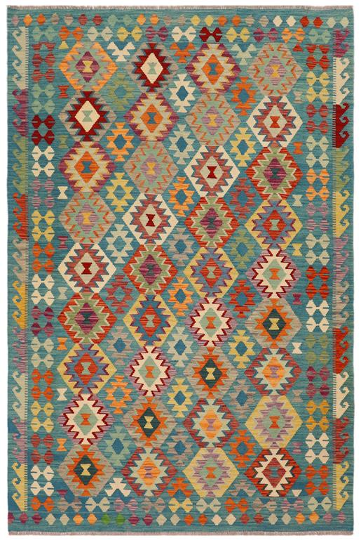 Flat Weave Kilim Antique Navaho Vintage handmade Geometric Kilim Blue Rust Hand-Woven Rectangle 100% Wool Area Rug 6x8