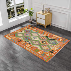 Flat Weave Kilim Antique Navaho Vintage handmade Geometric Kilim Blue Orange Hand-Woven Rectangle 100% Wool Area Rug 4x6