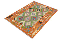 Flat Weave Kilim Antique Navaho Vintage handmade Geometric Kilim Blue Orange Hand-Woven Rectangle 100% Wool Area Rug 4x6