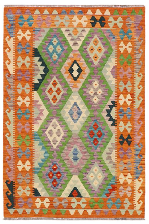Flat Weave Kilim Antique Navaho Vintage handmade Geometric Kilim Blue Orange Hand-Woven Rectangle 100% Wool Area Rug 4x6