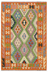 Flat Weave Kilim Antique Navaho Vintage handmade Geometric Kilim Blue Orange Hand-Woven Rectangle 100% Wool Area Rug 4x6