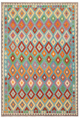 Flat Weave Kilim Antique Navaho Vintage handmade Geometric Kilim Blue Gray Hand-Woven Rectangle 100% Wool Area Rug 8x10