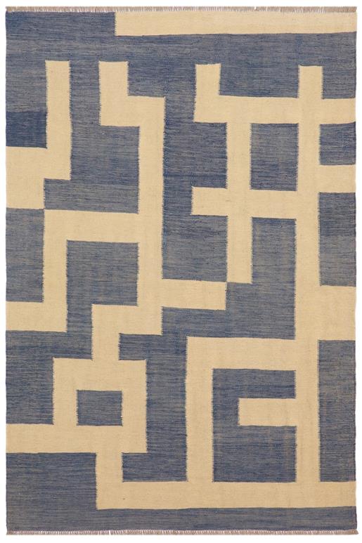 Flat Weave Kilim Antique Navaho Vintage handmade Modern Kilim Blue Beige Hand-Woven Rectangle 100% Wool Area Rug 5x6