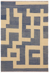 Flat Weave Kilim Antique Navaho Vintage handmade Modern Kilim Blue Beige Hand-Woven Rectangle 100% Wool Area Rug 5x6