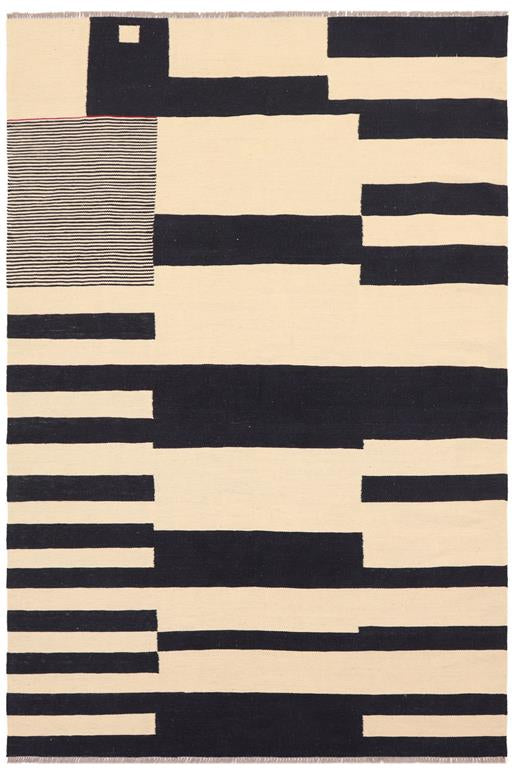 Flat Weave Kilim Antique Navaho Vintage handmade Modern Kilim Beige Black Hand-Woven Rectangle 100% Wool Area Rug 5x8