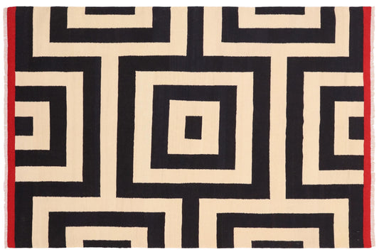 handmade Modern Kilim Beige Black Hand-Woven RECTANGLE 100% WOOL area rug 6x8