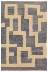 Flat Weave Kilim Antique Navaho Vintage handmade Modern Kilim Blue Beige Hand-Woven Rectangle 100% Wool Area Rug 5x6