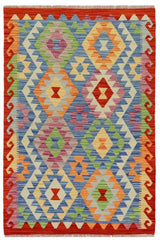 Flat Weave Kilim Antique Navaho Vintage handmade Modern Kilim Blue Rust Hand-Woven Rectangle 100% Wool Area Rug 3x4