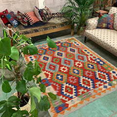 Flat Weave Kilim Antique Navaho Vintage handmade Geometric Kilim Rust Blue Hand-Woven Rectangle 100% Wool Area Rug 5x7