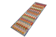 Flat Weave Kilim Antique Navaho Vintage handmade Modern Kilim Blue Rust Hand-Woven Runner 100% Wool Area Rug 3x10