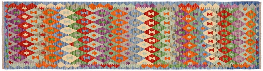 Flat Weave Kilim Antique Navaho Vintage handmade Modern Kilim Blue Rust Hand-Woven Runner 100% Wool Area Rug 3x10