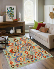 Flat Weave Kilim Antique Navaho Vintage handmade Geometric Kilim Blue Rust Hand-Woven Rectangle 100% Wool Area Rug 5x6