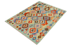 Flat Weave Kilim Antique Navaho Vintage handmade Geometric Kilim Blue Rust Hand-Woven Rectangle 100% Wool Area Rug 5x6
