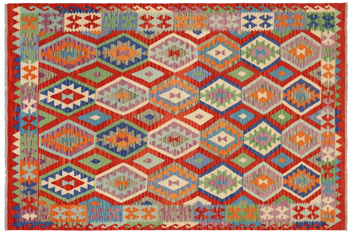 7x10 hand woven Turkish Kilim wool rug in rust and blue - Chic Aaden Turkish