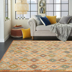 Flat Weave Kilim Antique Navaho Vintage handmade Geometric Kilim Blue Gray Hand-Woven Rectangle 100% Wool Area Rug 8x10