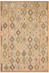 Flat Weave Kilim Antique Navaho Vintage handmade Geometric Kilim Blue Gray Hand-Woven Rectangle 100% Wool Area Rug 8x10