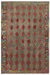 Flat Weave Kilim Antique Navaho Vintage handmade Geometric Kilim Green Red Hand-Woven Rectangle 100% Wool Area Rug 3x6