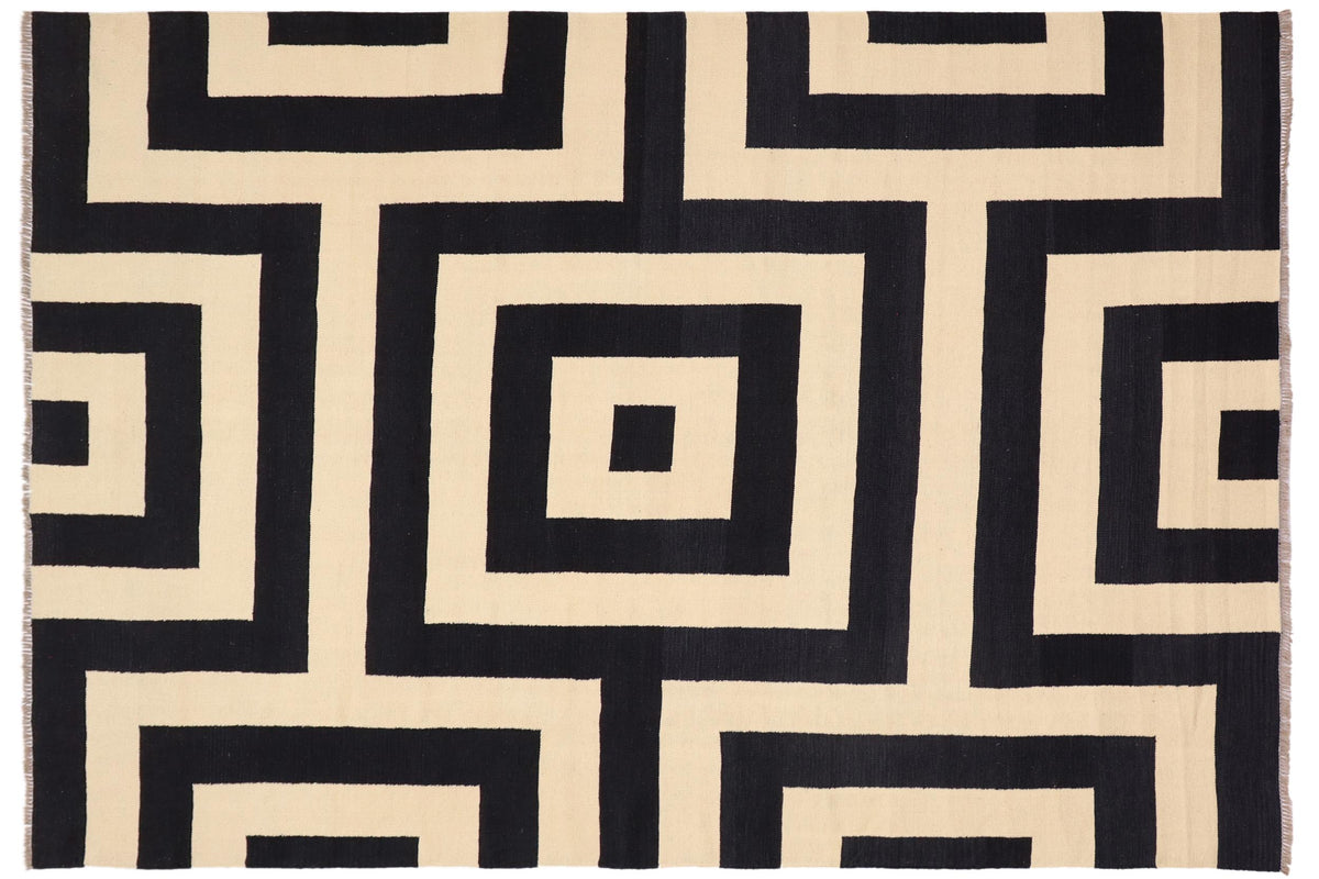 8x10 hand woven Turkish Flat Weave Kilim wool rug in beige and black - Abstract Turkish Talan