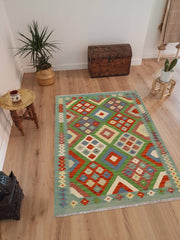 Flat Weave Kilim Antique Navaho Vintage handmade Modern Kilim Rust Blue Hand-Woven Rectangle 100% Wool Area Rug 3x5