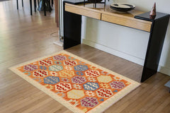 Flat Weave Kilim Antique Navaho Vintage handmade Geometric Kilim Rust Beige Hand-Woven Rectangle 100% Wool Area Rug 3x5