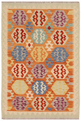 Flat Weave Kilim Antique Navaho Vintage handmade Geometric Kilim Rust Beige Hand-Woven Rectangle 100% Wool Area Rug 3x5
