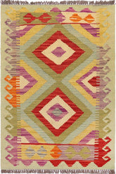 Flat Weave Kilim Antique Navaho Vintage handmade Geometric Kilim Blue Red Hand-Woven Rectangle 100% Wool Area Rug 2x3