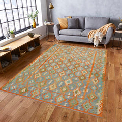 Flat Weave Kilim Antique Navaho Vintage handmade Geometric Kilim Blue Rust Hand-Woven Rectangle 100% Wool Area Rug 8x11