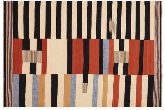 handmade Modern Kilim Rust Blue Hand-Woven RECTANGLE 100% WOOL area rug 3x6