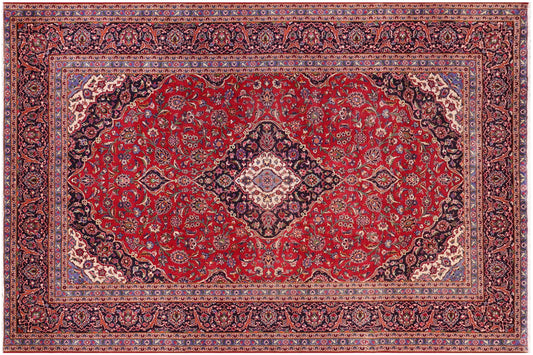 handmade Vintage Kashan Red Blue Hand Knotted RECTANGLE 100% WOOL area rug 10' x 13'