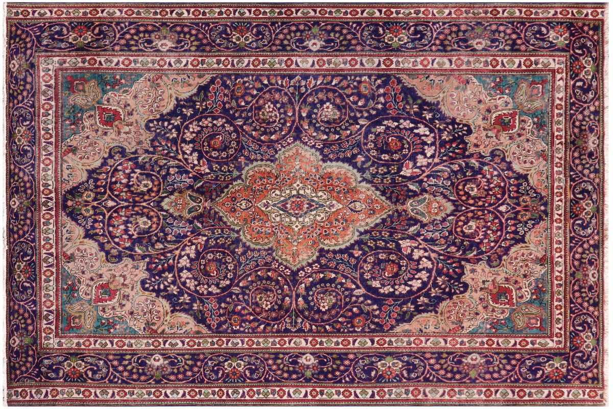 8x11 hand knotted vintage style Persian Kashan design wool rug in blue and beige - Persian Kashan Alivia