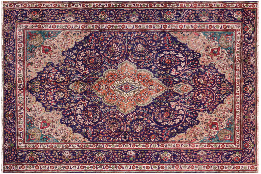 handmade Vintage Kashan Blue Beige Hand Knotted RECTANGLE 100% WOOL area rug 8' x 11'