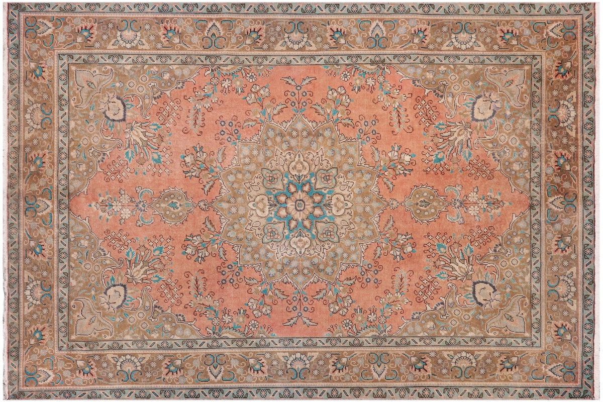 8x11 hand knotted vintage style Persian Kashan design wool rug in peach and brown - Persian Kashan Cindy